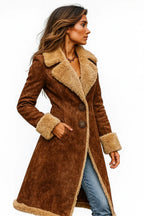 Brown long coat with sherpa lapels and double-breasted button front
