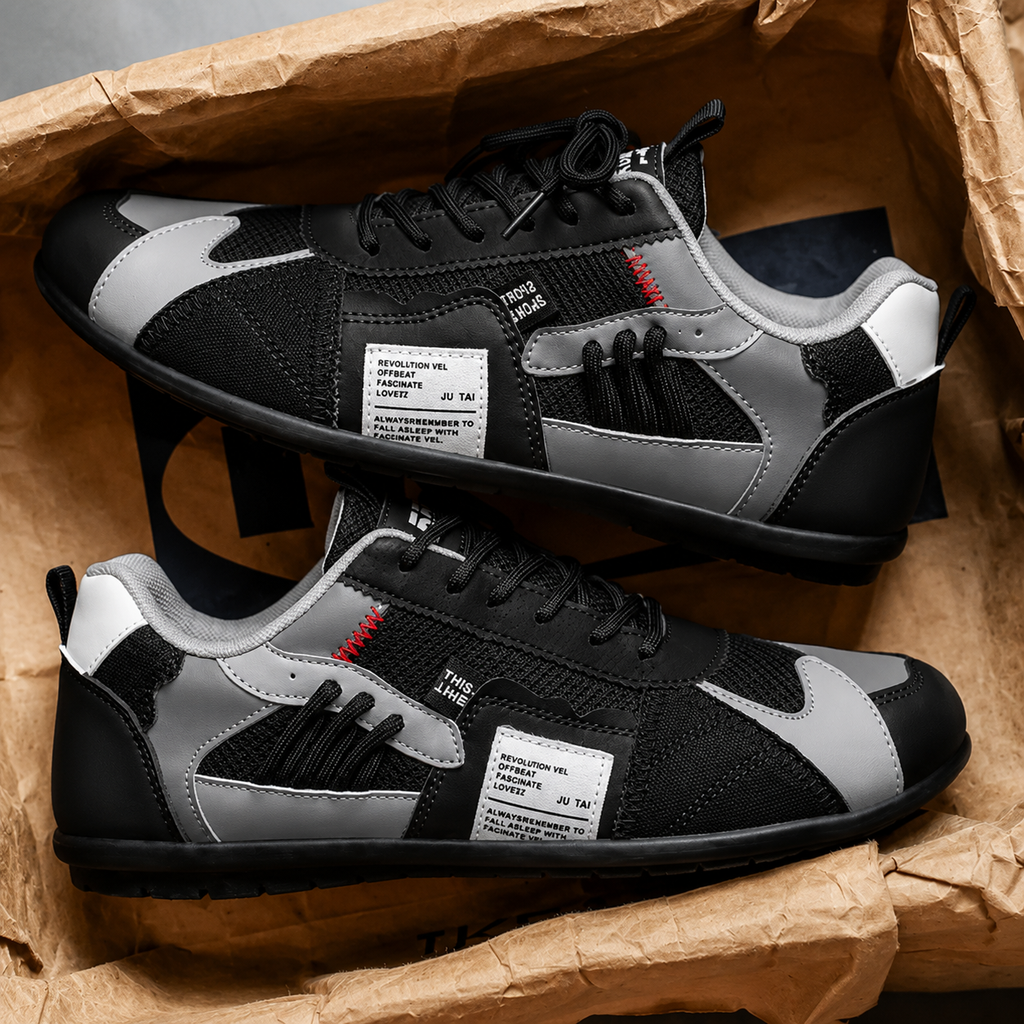 Retro sneakers in a box: black and white panels with black lace-up