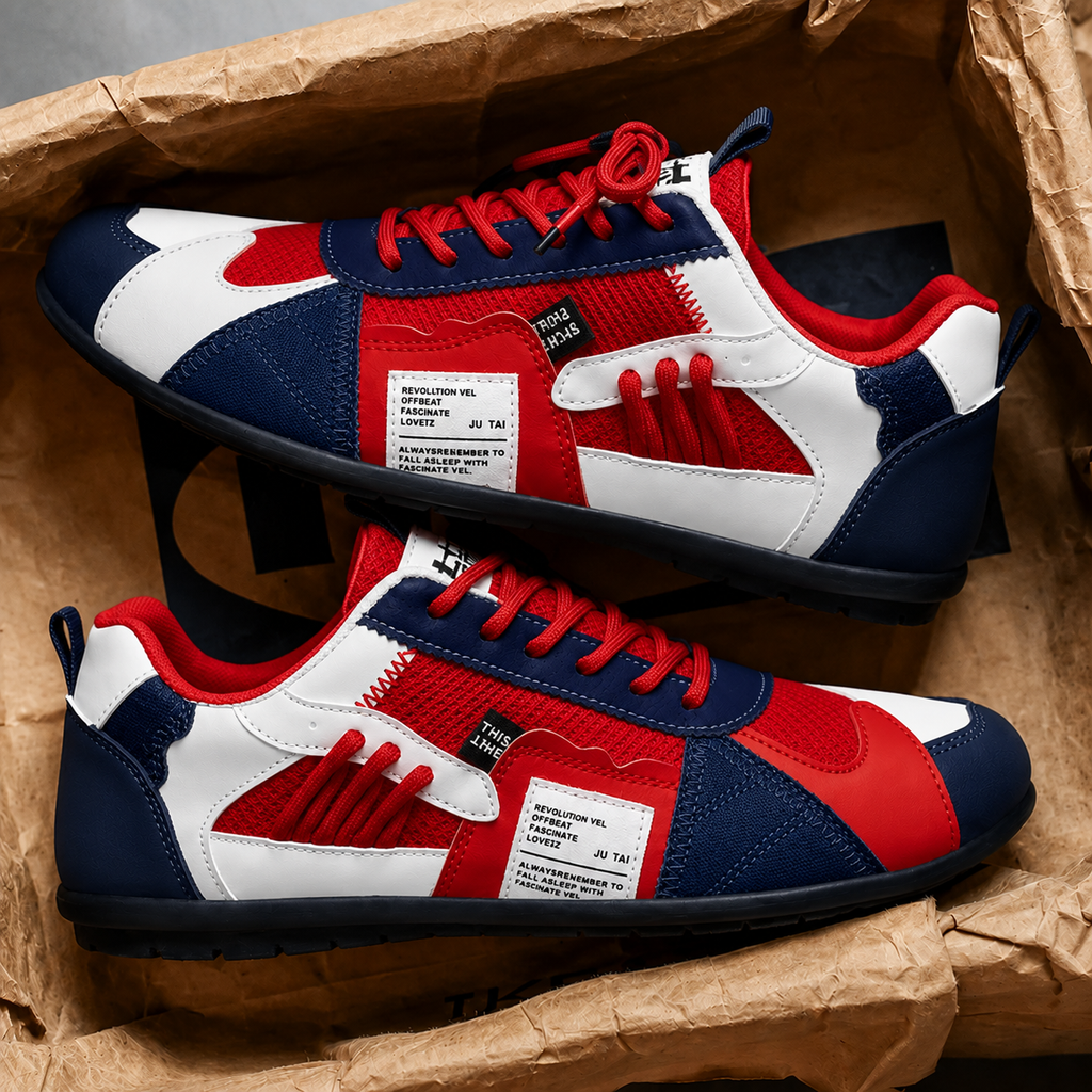 Retro sneakers in a box: red, navy and white panels with red lace-up