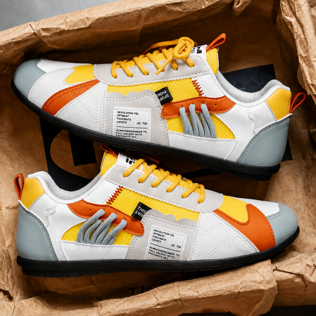 Retro sneakers in a box: white with orange and yellow panels, yellow lace-up