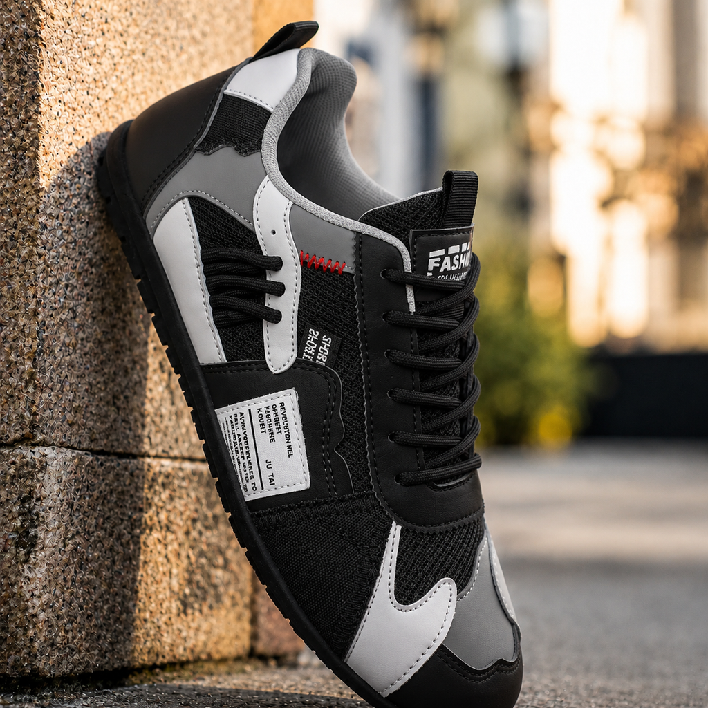 Colorful retro sneaker in black and gray with white side panels and red lace accents