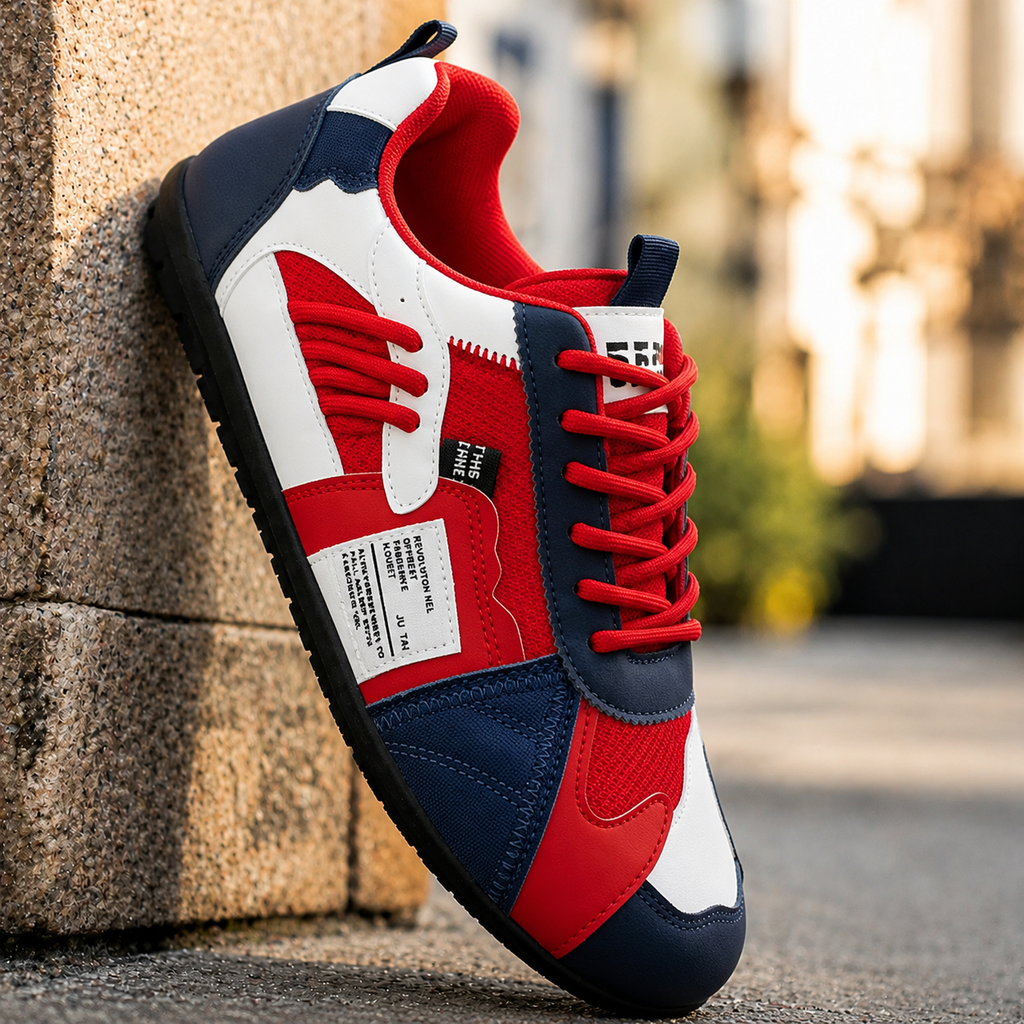 Colorful retro sneaker in white, red, and navy with red laces and color-block panels