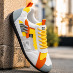 Colorful retro sneaker with white uppers, orange and yellow panels, and bright yellow laces