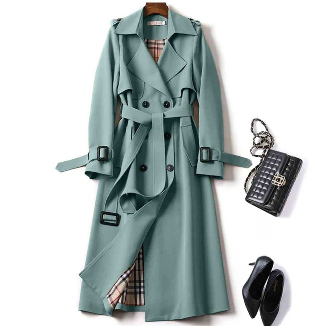 Berkley Lane Trench ™ coat in teal with double-breasted buttons and waist belt