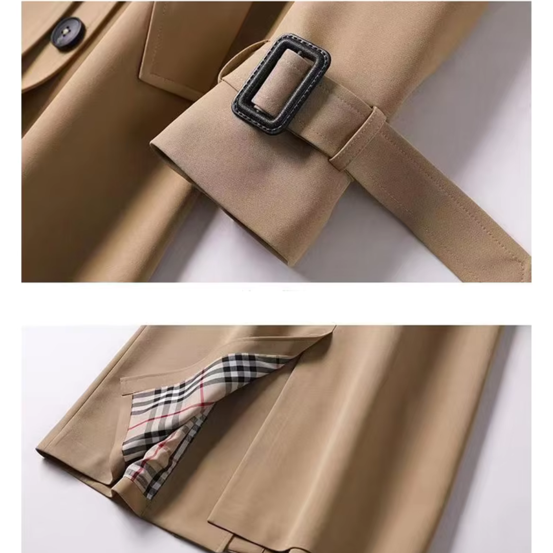 Berkley Lane Trench ™ coat khaki, belt strap detail and plaid lining at hem
