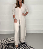 Comfy two-piece tunic and pants set, cream V-neck tunic with long sleeves and slit