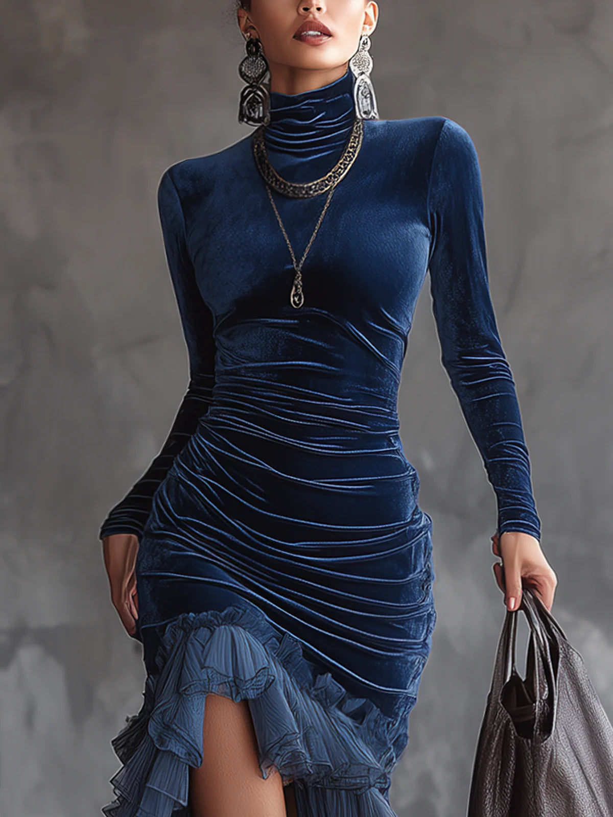Dark blue velvet ruched maxi dress with long sleeves and layered ruffle skirt