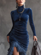 Dark blue velvet ruched maxi dress with long sleeves and layered ruffle skirt