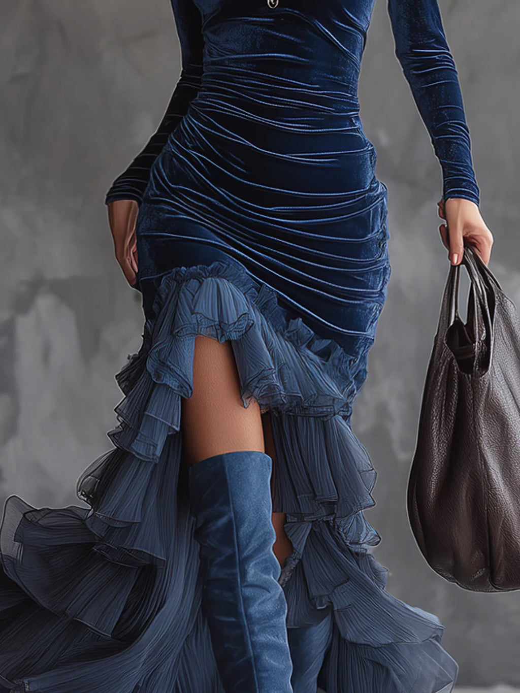 Dark blue velvet maxi dress with long sleeves, ruched stripes, and tiered ruffle hem