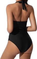 Black one-piece shaping swimsuit, open-back with neck tie and ruched back panel