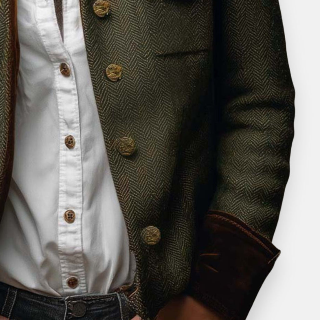Olive herringbone jacket with gold-tone buttons and flap chest pocket detail
