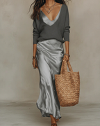 Gray V-neck knit sweater with satin midi slip skirt, two-piece set