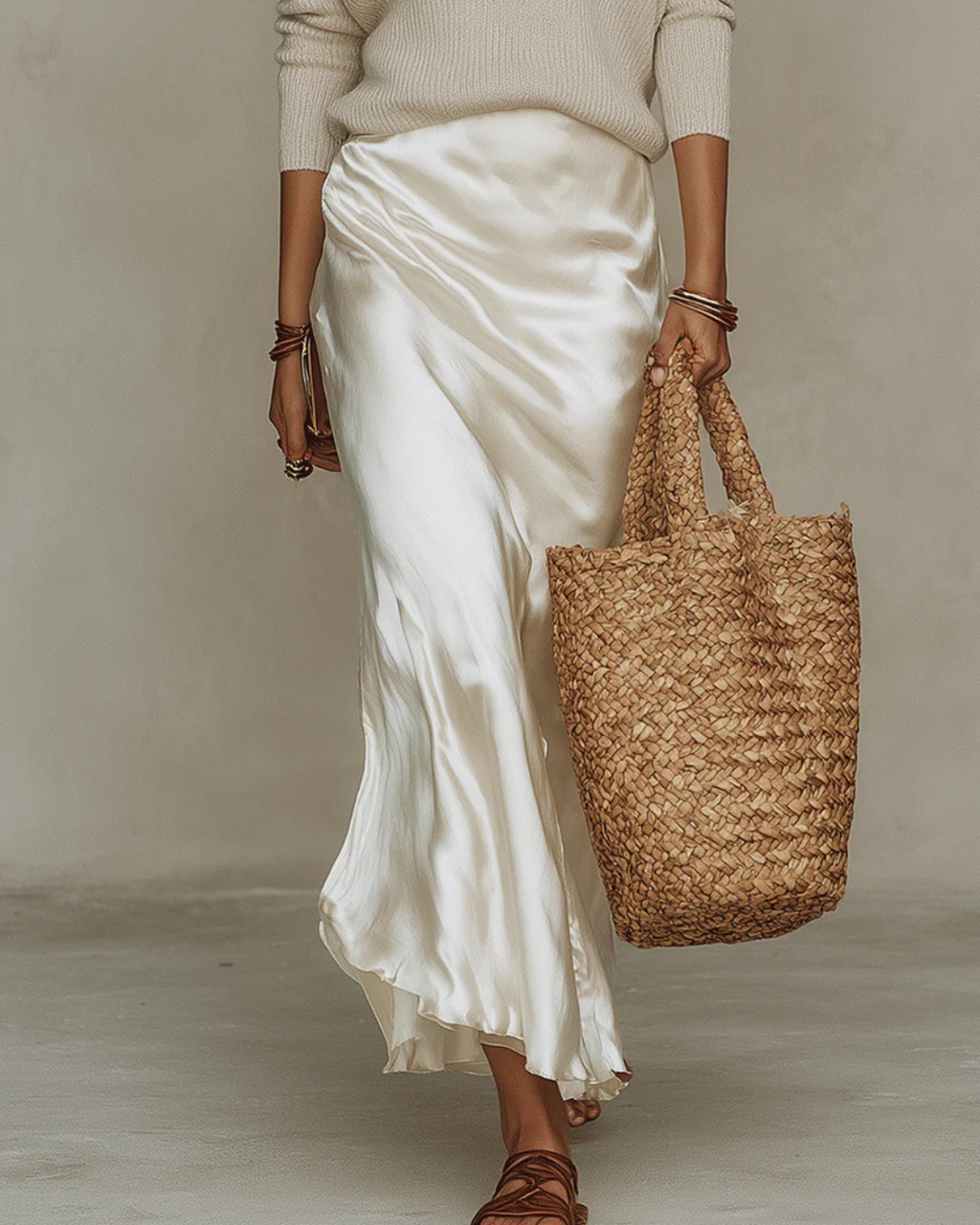 White V-neck knit top with satin ruched midi slip skirt, two-piece set