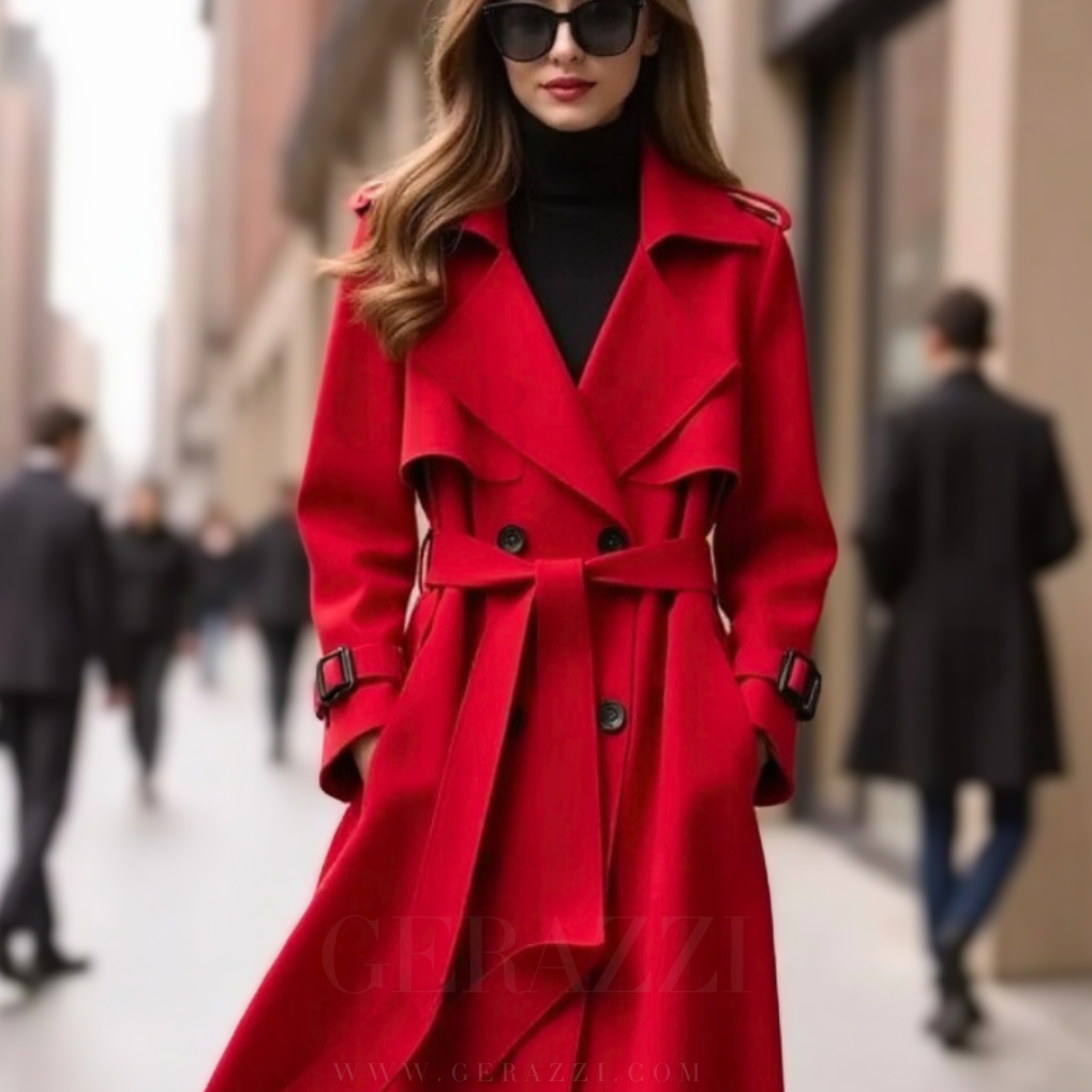 Berkley Lane Trench ™ coat in red with wide lapels, belted waist, long sleeves