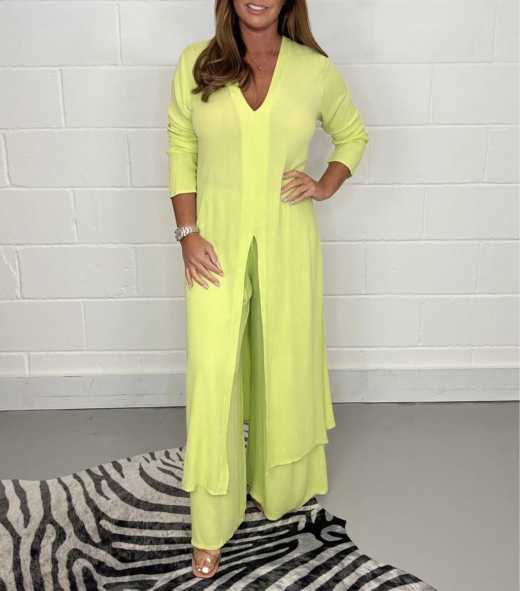 Comfy two-piece tunic and pants set, lime yellow V-neck tunic with side slit