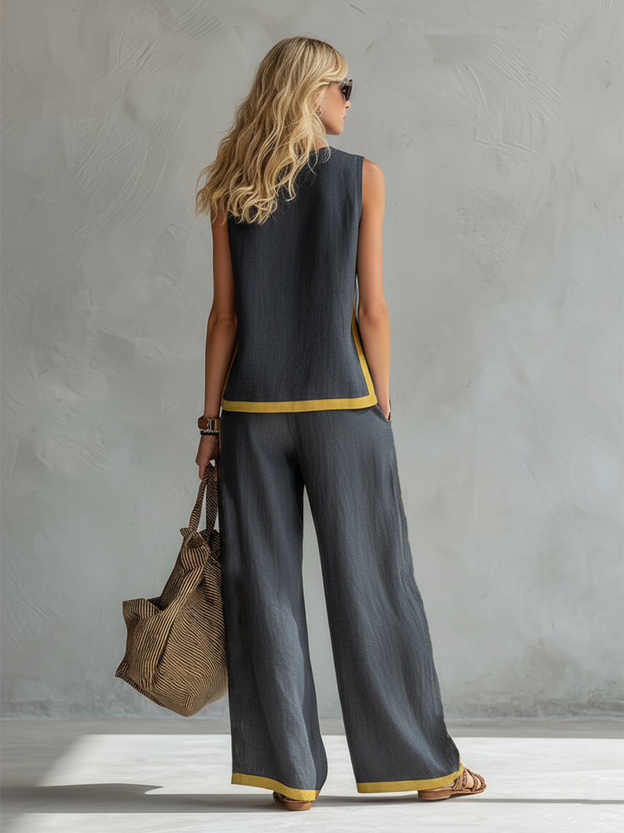 Two-piece set pants, charcoal gray with yellow-outlined cuffs and side stripe
