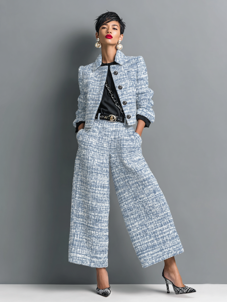 Women's tweed jacket and wide-leg pants set, blue-and-white