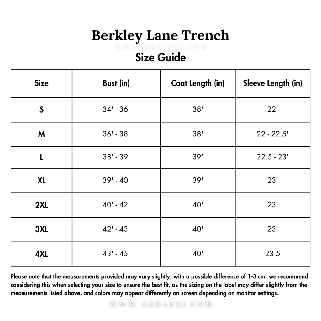 Berkley Lane Trench ™ size guide chart with bust, coat length, and sleeve length