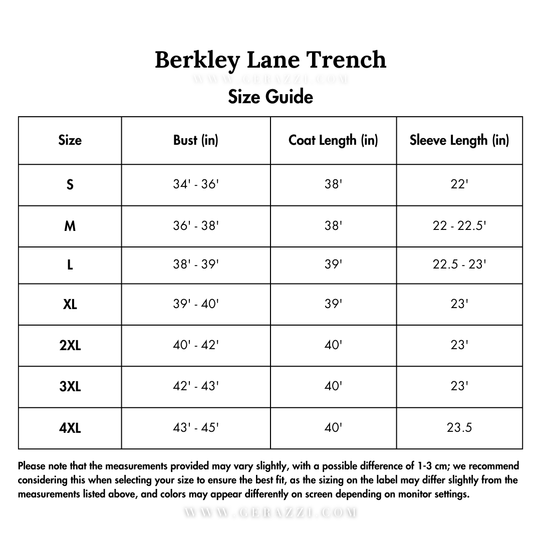 Berkley Lane Trench ™ size guide chart with bust, coat length, and sleeve length