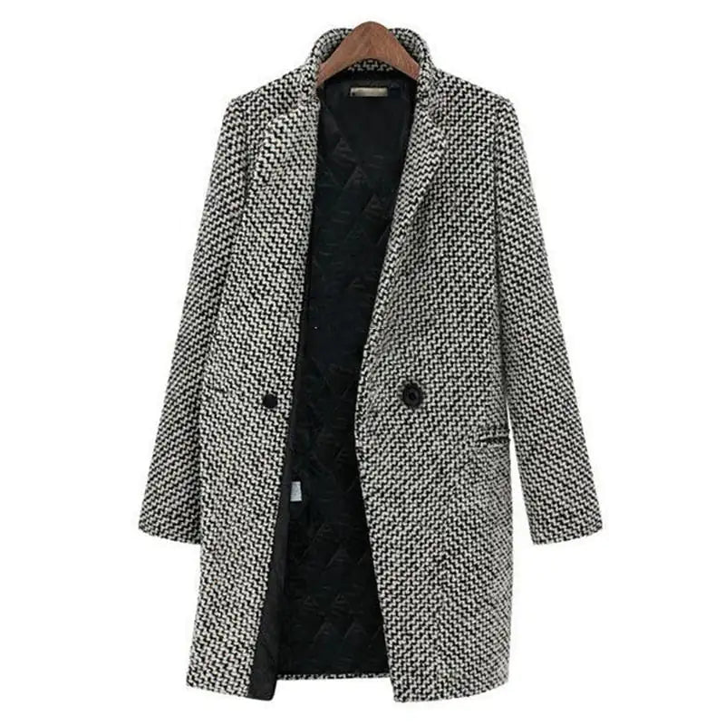 Black-and-white houndstooth winter coat with notch lapels and button front