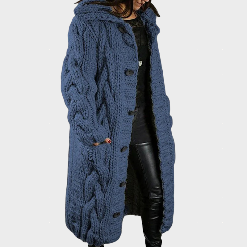 Blue cable-knit hooded cardigan, long sleeves, button front