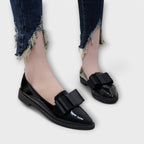Lauren™ black patent loafers with wide black strap detail and low block heel