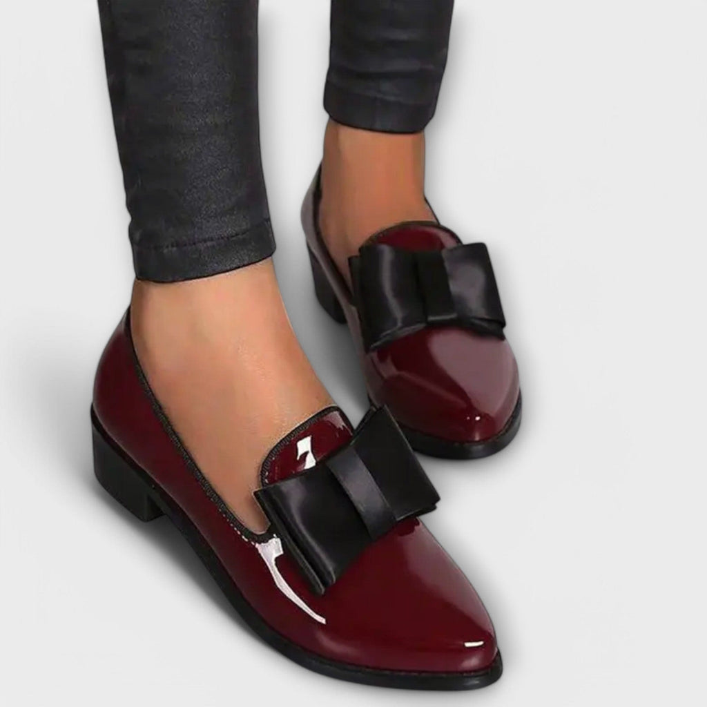 Lauren™ burgundy patent loafers with black strap buckles and low block heel