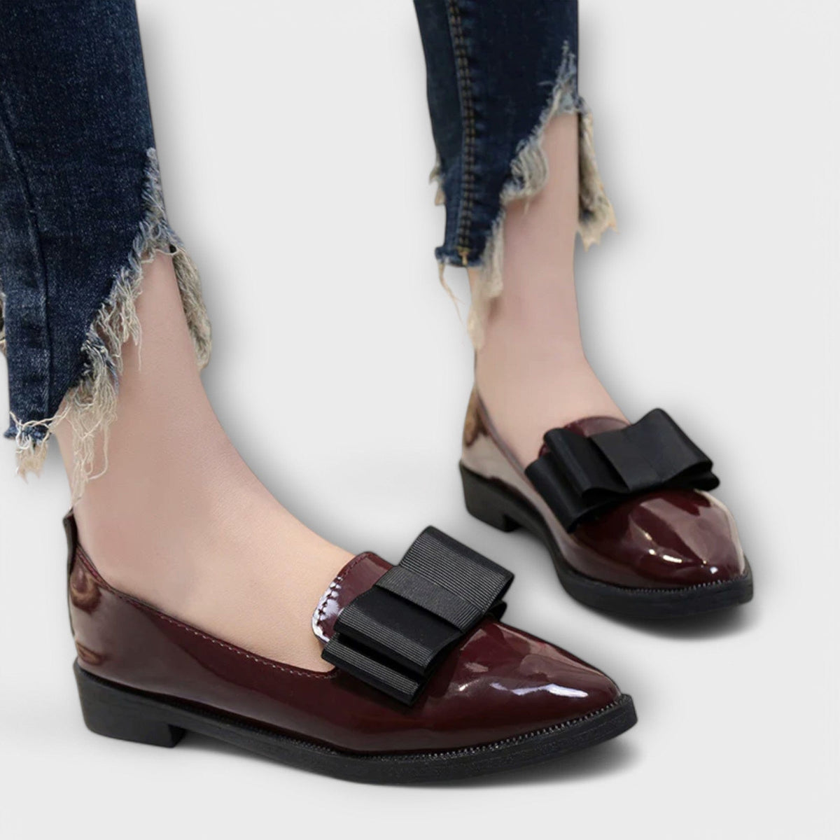 Lauren™ burgundy patent loafers with black strap buckle and low block heel
