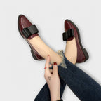 Lauren™ burgundy patent loafers with black strap buckle and low block heel