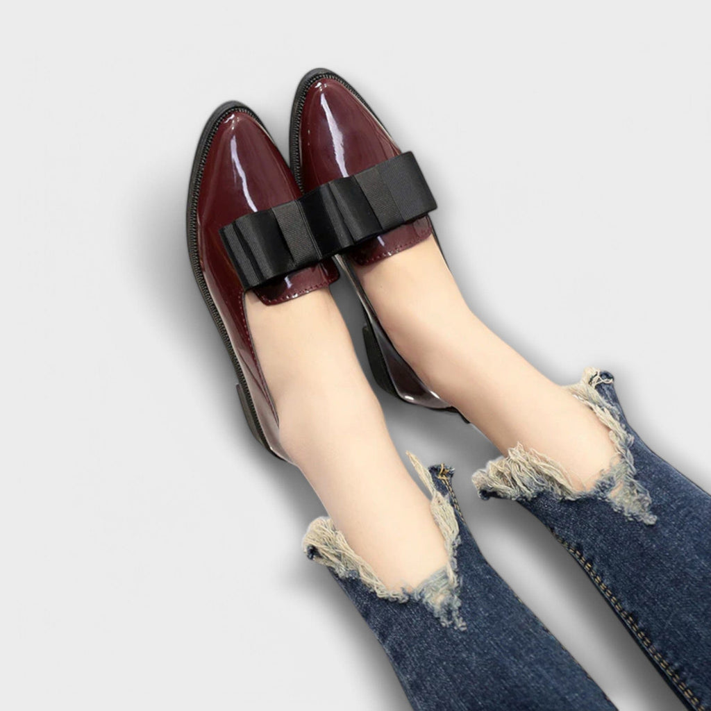 Lauren™ burgundy patent loafers with black adjustable strap and buckle detail