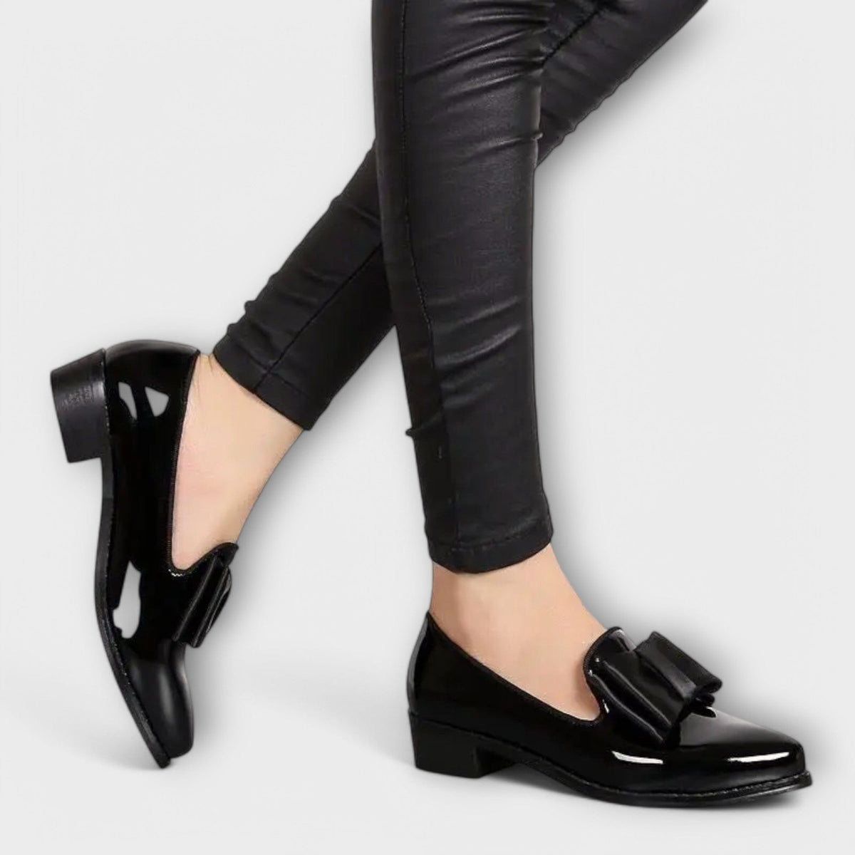 Lauren™ black patent loafers with black strap buckle and low block heel