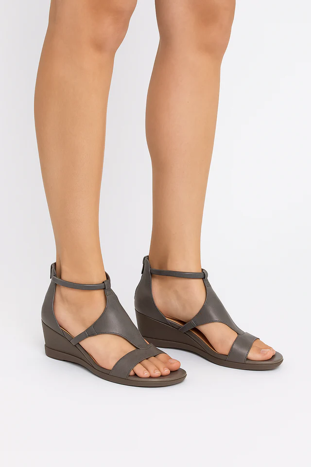 Stone orthopedic wedge sandals with ankle strap and open-toe T-strap upper