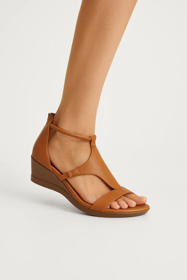 Cognac orthopedic wedge sandals with ankle strap and open-toe T-strap design