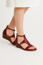 Bordeaux orthopedic wedge sandals with ankle strap and cross T-strap over toes