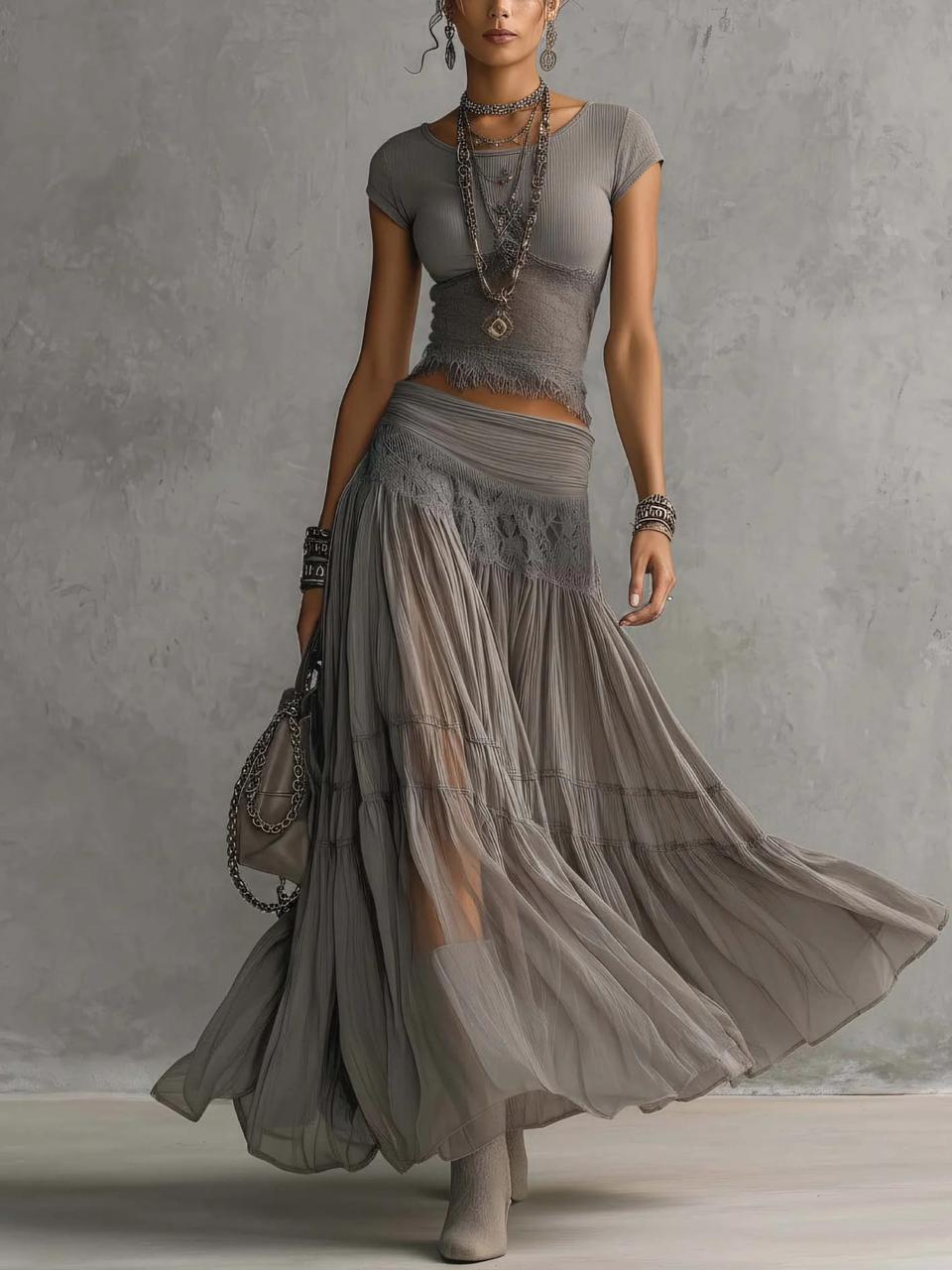 Gray lace-paneled top and pleated maxi skirt set, fitted cap sleeves