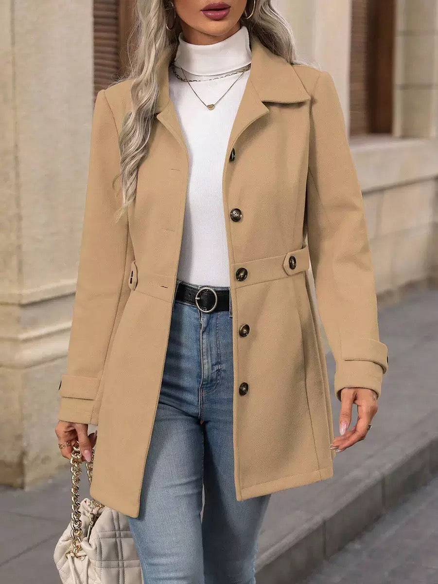 Khaki belted coat with button front, cuff tabs and flap pockets