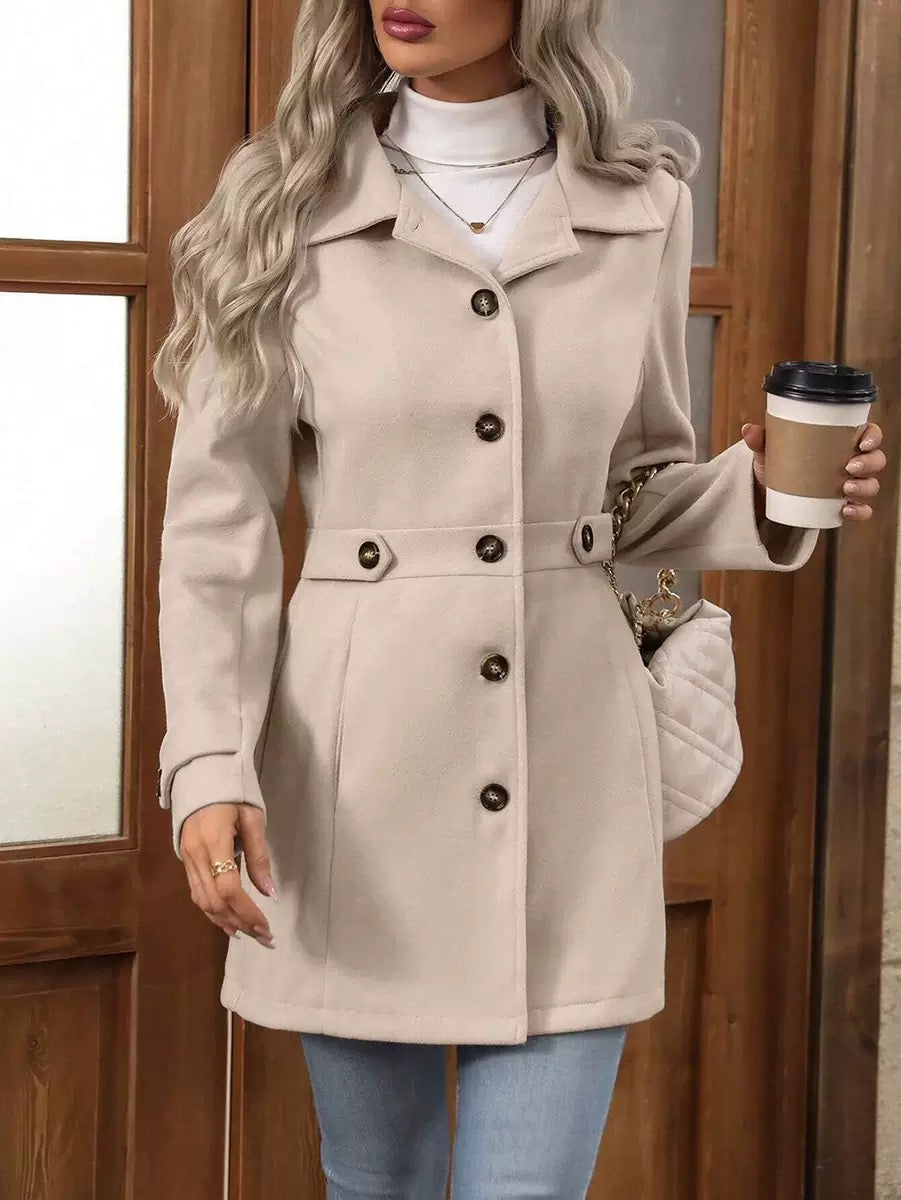 Beige belted coat with button front and belted waist seam