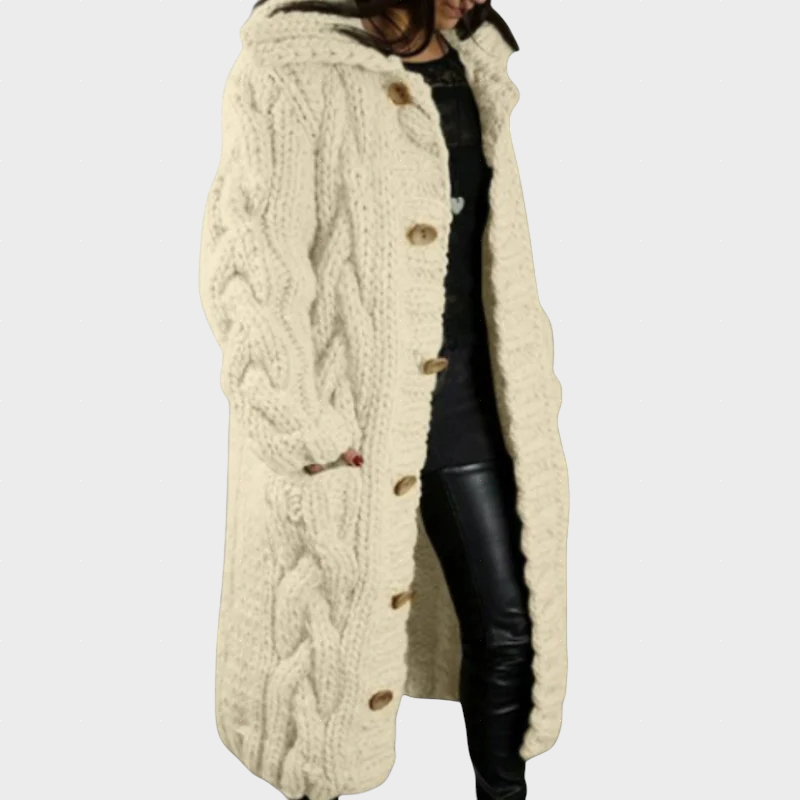 Beige cable-knit hooded cardigan with long sleeves and button front