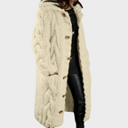 Beige cable-knit hooded cardigan with long sleeves and button front