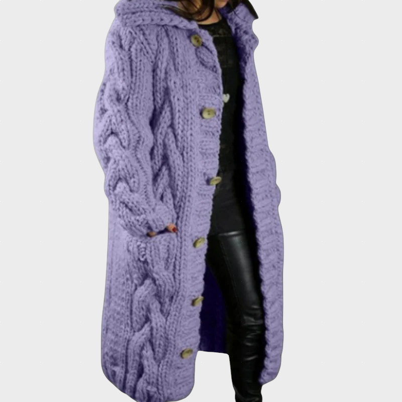 Purple cable-knit hooded cardigan with long sleeves and button front