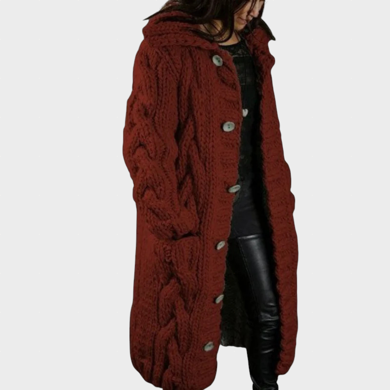 Rust red cable-knit hooded cardigan with long sleeves and button front
