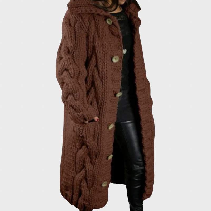 Brown cable-knit hooded cardigan with long sleeves and button front