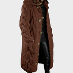 Brown cable-knit hooded cardigan with long sleeves and button front