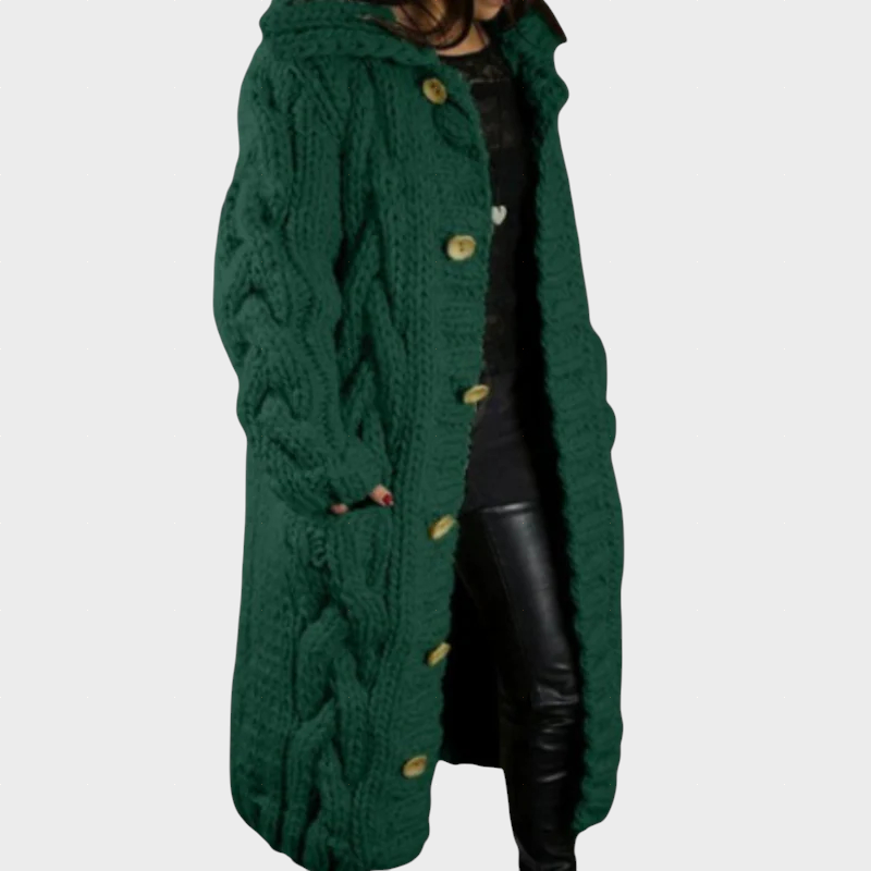 Dark green cable-knit cardigan sweater with button front and long sleeves