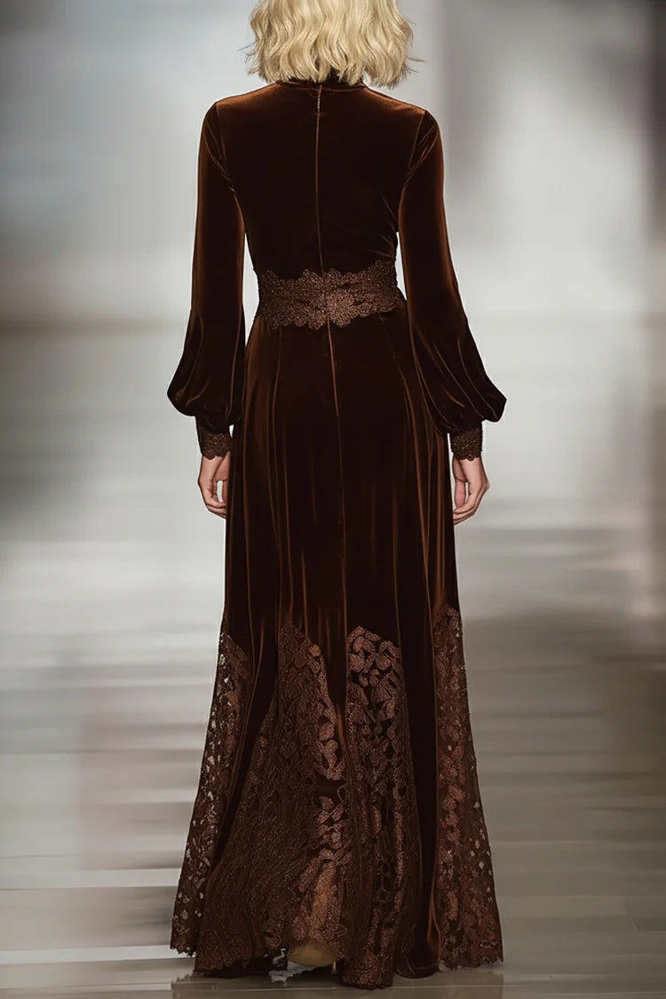 Back view: brown velvet turtleneck maxi dress with lace trim and flared sleeves