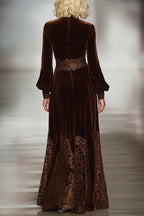 Back view: brown velvet turtleneck maxi dress with lace trim and flared sleeves