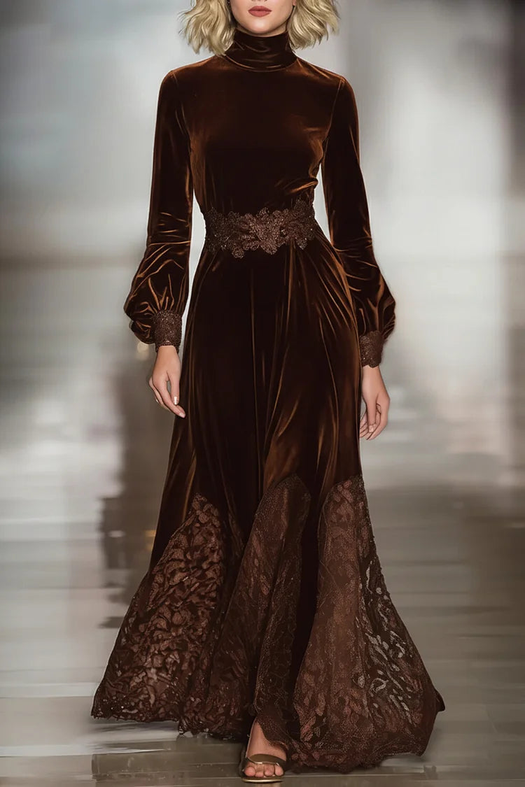 Brown velvet turtleneck maxi dress with lace patchwork and long balloon sleeves