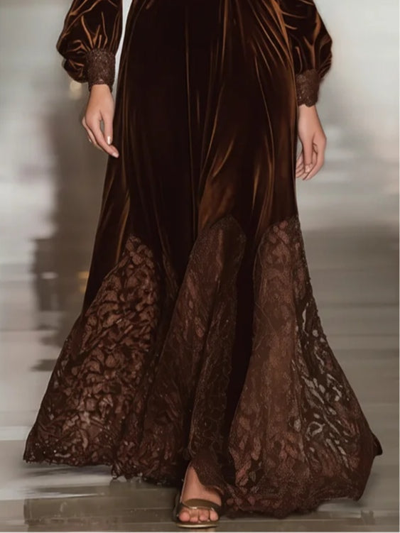 Brown velvet maxi dress with lace patchwork hem and long puffed sleeves