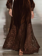 Brown velvet maxi dress with lace patchwork hem and long puffed sleeves