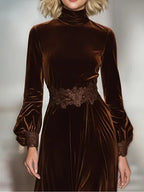 Brown velvet turtleneck maxi dress with lace waist panel and long puffed sleeves
